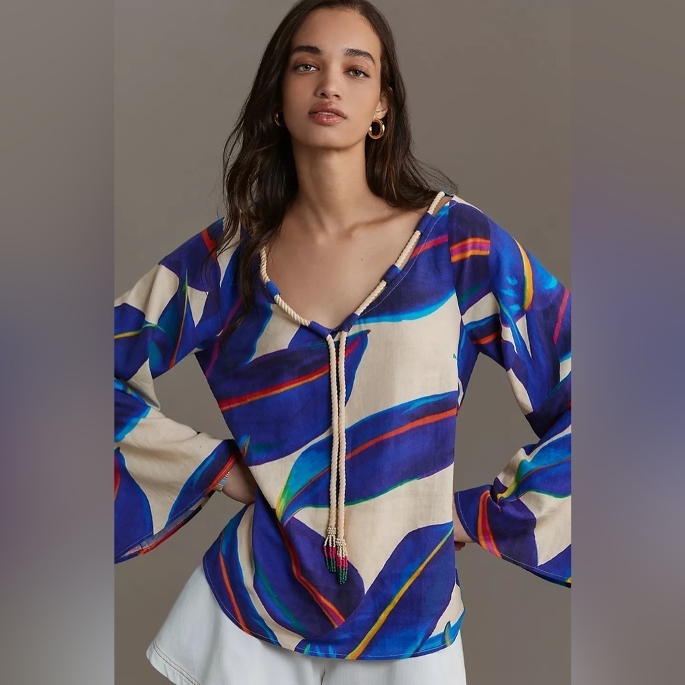 Farm Rio Long-Sleeve Rope-Tie Blouse 💙 - Picture 3 of 8